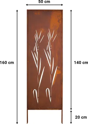 A metal garden screen with a rust effect and a cut-out design of reeds, with dimensions indicated.
