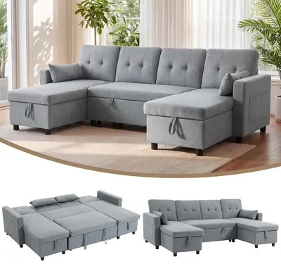 Produktbild von HOMCOM Ecksofa mit Schlaffunktion und Bettkasten U-Form 4-Sitzer Sofa, Grau