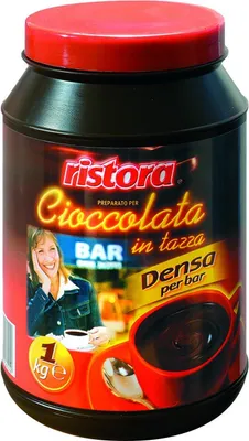 A jar of Ristora Cioccolata in Tazza (hot chocolate mix) with a woman smiling in the background.
