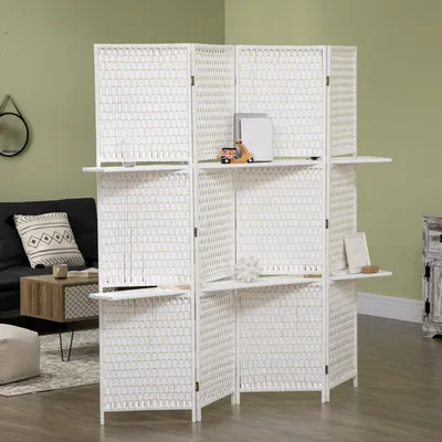 Produktbild von Paravent 4-teilig faltbar mit 2 Regalen, Raumteiler Kiefernholz Bambus, Weiß | 181 x 180 cm | 4 Paneele | Sichtschutz