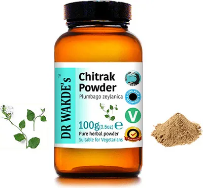 Produktbild von DR WAKDE'S Chitrak Pulver (Plumbago zeylanica) - 100 g (3,5 Unzen) | Rein, Raw & Getrocknetes Pulver | Ayurveda-Kräuter | Vegan | Nichts hinzugefügt