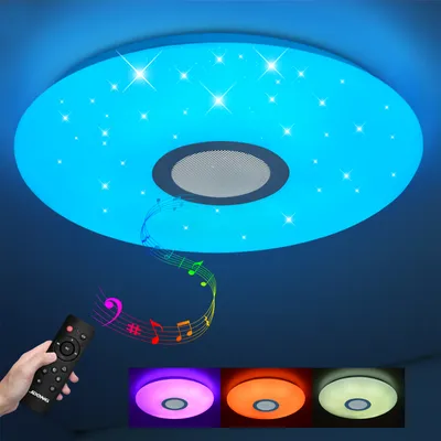 A ceiling light with a star pattern and a built-in speaker is shown, with a remote control and examples of different color settings below.