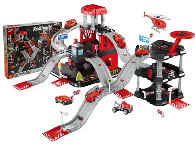 Produktbild von Rennbahn Spielset, interaktives DIY-Spielzeug fuer Kinder mit 6 Autos+ 1 Hubschrauber, Montessori-STEM, ab 3 Jahren, Rot