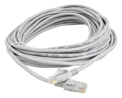 A coiled gray Ethernet cable with RJ45 connectors.