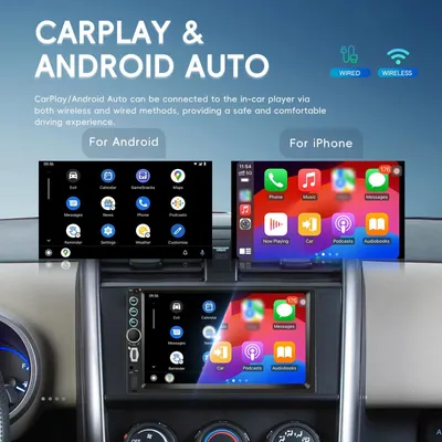 Immagine prodotto di Autoradio multimediale per auto - 2-DIN, touchscreen da 17,8 cm, lettore MP5 - Android 13 - Apple CarPlay e Android Auto - Bluetooth, FM/RDS - Comando al volante - Con telecamera posteriore