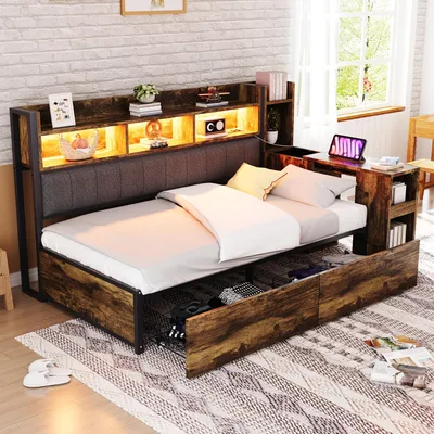 Produktbild von Eisen Sofabett 90 x 200, Mit vielseitigen Staufächern & Schließfächern, multifunktionalen Steckdosen & LED-Beleuchtung, komplett mit großen Schubladen und einem ausziehbaren Schreibtisch Holzfarbe