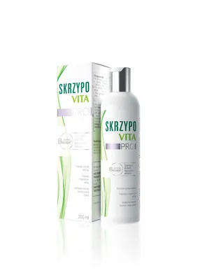 A bottle of Skrzypovita Pro Shampoo and its packaging are displayed against a white background.