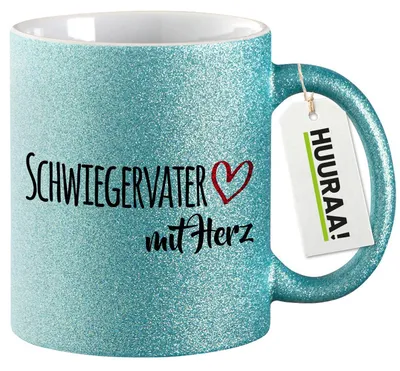 Produktbild von Huuraa Glitzertasse Schwiegervater mit Herz 330ml Blau Keramik Kaffeebecher Geschenkidee