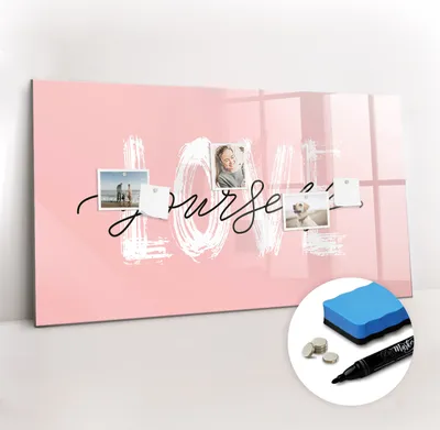 Produktbild von Magnetpinnwand Memoboard - Zubehörsatz - Schwarzer Marker + Schwamm + Magnete - 120 x 60 cm - Inschrift liebe dich selbst