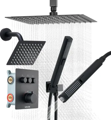 Produktbild von VEVOR Duschsystem-Set mit 12 Zoll Regenduschsystem / 6 Zoll Wandmontagekopf / 2 in 1 Handbrause, drehbarem Doppelregenkopf (3 Funktionen), Messingventil Verkleidungssatz, Mattschwarz thermostatisch