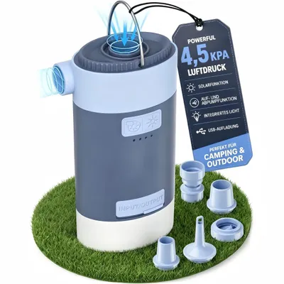 Produktbild von 3-in-1  Luftpumpe mit Solarpanel, 4,5kPa & 4000mAh Elektrische Luftpumpe mit 300 L/min, 3 Helligkeitsstufen, tragbar, IPX4