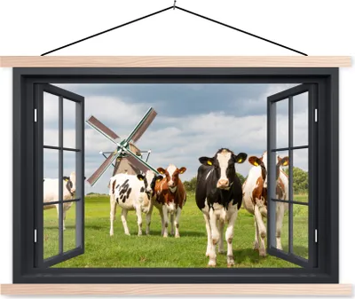 Produktbild von MuchoWow® Textilposter Aussicht - Kuh - Mühle - Kühe - Wiese - Gras - Grün 60x40 cm mit holzfarbenen Rahmen - Bilder