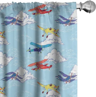 Obrázok produktu pre ABAKUHAUS Weinlese-Flugzeug Závesy, záclony, farebné náčrtky, vrtuľové lietadlo, dovolenka, doprava, 2 kusy, 75 x 175 cm, viacfarebné
