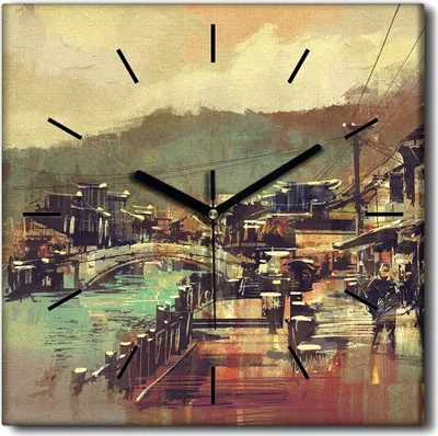 Produktbild von Coloray Uhr auf Leinwand 30x30 cm Wand Uhr Dekoration Wohnzimmer Segeltuch schwarze Hände -Dorfbrückengebäude.