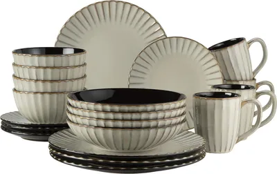 Produktbild von 20-teiliges Geschirrset im modernen Vintage-Look für 4 Personen - beige/schwarz Steingut