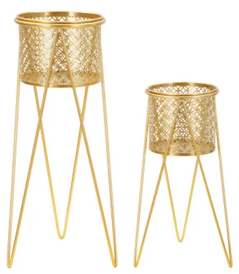 Image de Ensemble de supports pour plantes en métal, décorés de motifs croisés, de 46 cm et 32 cm de hauteur, couleur or, marque Mauro Ferretti