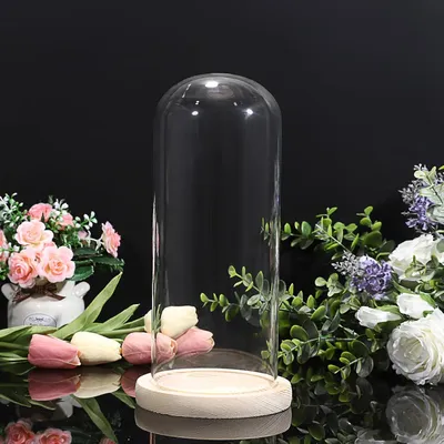 Imagen del producto de Campana de cristal con base de madera natural, de 12,5 x 12,5 x 26 cm, para decoración