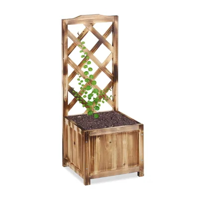 Produktbild von Relaxdays Rankkasten mit Rankgitter, wetterfest, Holz, f. Balkon, Garten, Rosen, 20 L Kübel, 90 cm Rankhilfe, gebrannt