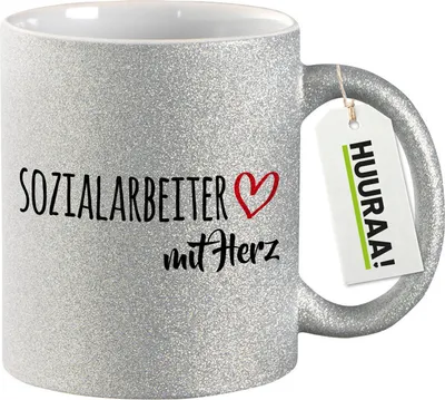 Produktbild von Huuraa Glitzertasse Sozialarbeiter mit Herz 330ml Silber Keramik Kaffeebecher Geschenkidee