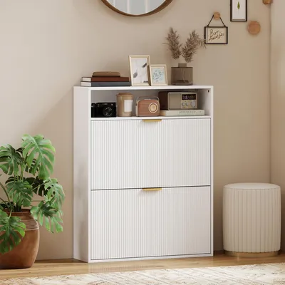 Produktbild von Schuhschrank mit 2 Klappfächern, schmaler Schuhkipper, Holzwerkstoff, Weiß | 80 x 24 x 102,5 cm | 12–16 Paar | Flur & Eingang