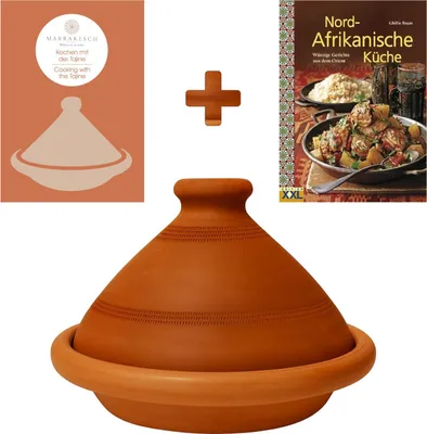 Produktbild von Tajine, original aus Marokko, inklusive Kochbuch Nord Afrikanische Küche, Tontopf zum Kochen, Tuareg Ø 30cm, für 4-5 Personen, handgetöpfert aus Marrakesch, frei von Schadstoffe