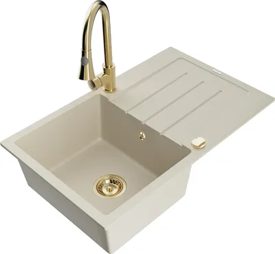 Image de Mexen Bruno Évier en granit 1 bac avec égouttoir et mélangeur Elia, Beige - 6513-69-670101-50