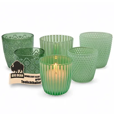 Produktbild von BigDean Windlicht Glas grün Teelichthalter 6er Set Teelichthalter in 3 Designs je 2 Größen