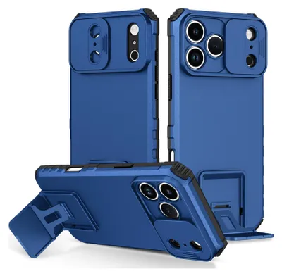 Image de Étui pour iPhone 17 Pro étui de protection militaire double couche avec béquille et protection coulissante de l'appareil photo bleu