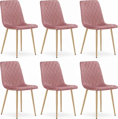 Obrázek produktu pro Židle SCANNO, čalouněná růžovým velurem, kovové nohy v barvě dřeva, rozměry 45x89x53 cm, do obývacího pokoje, pracovny, 6 kusů