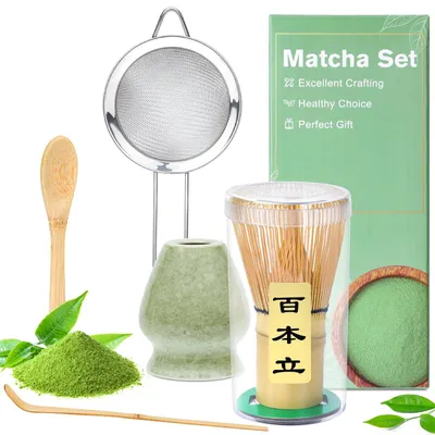 Image de Service à thé Matcha, 5 pièces, vert, avec fouet (chasen) et tamis, pour la préparation du matcha