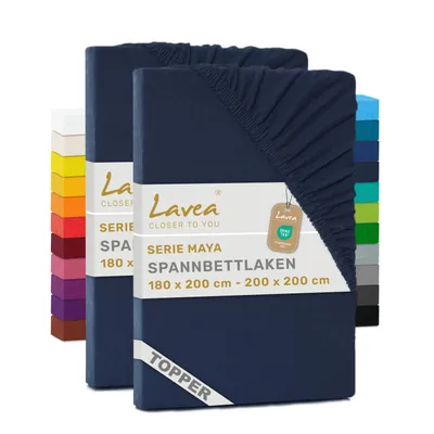 Zdjęcie produktu dla Lavea® Zestaw 2 sztuk, prześcieradła elastyczne na materac, 180/200x200 cm, wykonane w 100% z bawełnianej dzianiny – do materacy o grubości do 12 cm – miękkie, kolor granatowy (Galaxyblau)