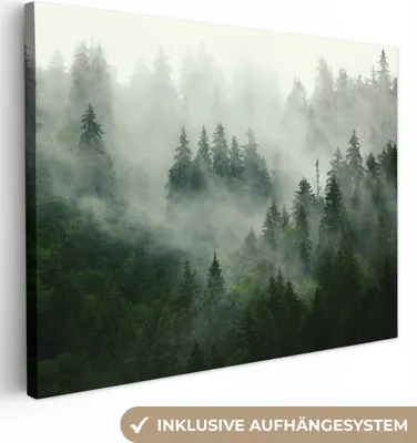 Produktbild von MuchoWow® - Leinwandbilder - Wald - Nebel - Bäume - Natur, Wandbild, Wanddeko Bilder Wohnzimmer, 80x60 cm