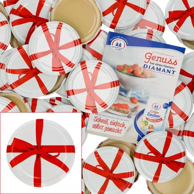 A collage of jar lids decorated with red ribbons and a recipe booklet.