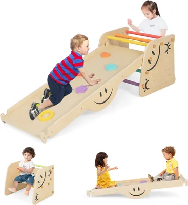 A collage of images showing children playing on a wooden indoor climbing structure, slide, and seesaw.