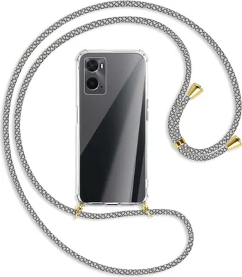 Produktbild von Handykette Backcover-Schutzhülle mit Band (Metall goldfarben) für Oppo A76 - weiß/grau kariert