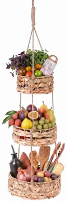 Image de Panier à fruits suspendu en herbe de mer, 3 niveaux, panier mural