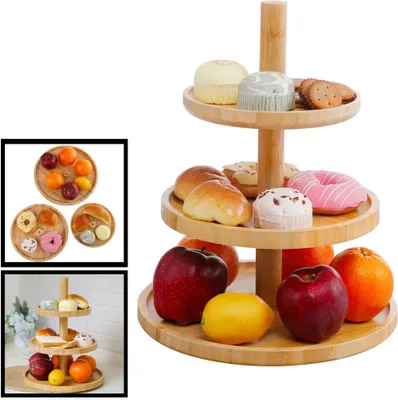 Produktbild von Etagere 3-stöckig - Hochwertiges Bambus holz - Holz- Snack- Süßigkeiten / Servierplatte - Decopatent