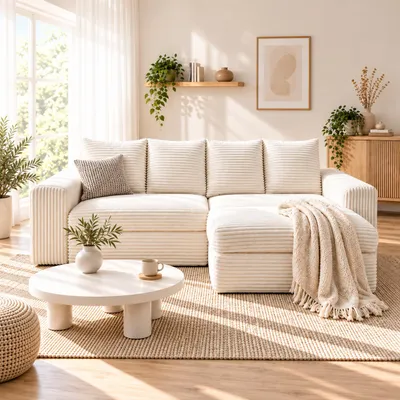 Produktbild von PixelPilot Ecksofa mit Hocker,Sofa L-form mit Schlaffunktion,3-Sitzer Couch L-form,modulares Wohnzimmer Sofa,Couchgarnitur Beige, KI-generiertes Bild