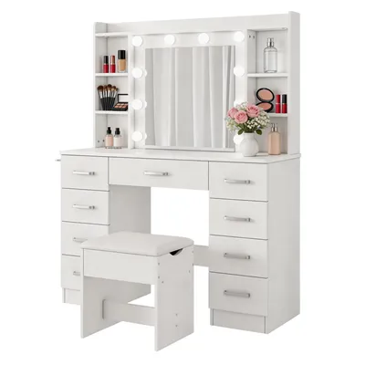 Image de Coiffeuse Zimilo avec miroir LED et tabouret Coiffeuse avec 9 tiroirs 3 modes d'éclairage réglables Coiffeuse avec espace de rangement Support pour sèche-cheveux Blanc 110 cm