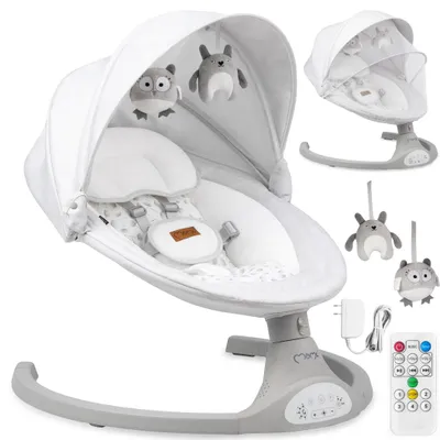 A white and gray electric baby bouncer with hanging toys, a canopy, and accessories like a remote control and power adapter, presented on a white background.