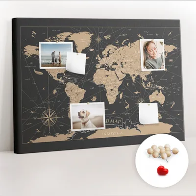 Obrázek produktu pro Korková nástěnka s kolíčky - Tabule s kolíky pro fotografie a poznámky - 100x70 cm - Připínáčky dřevěné 100 kusů - Vintage mapa světa