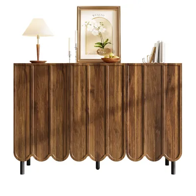 Produktbild von Modernes holzfarbenes Sideboard mit Wellentüren – 120x35x80 cm – grifflos, verstellbare Regale – Stauraum für Wohnzimmer, Flur & Esszimmer
