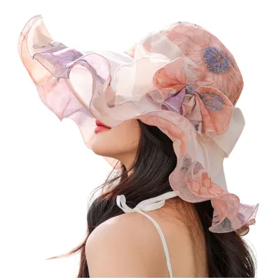 Produktbild von Damen Sonnenhut mit Breiter Krempe, Blumen Organza Hut, Reise Strandhut, Elegant Sommerhut, Orange