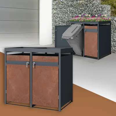 Produktbild von ML-Design Mülltonnenbox 2er mit Pflanzdach für 2 Tonnen, 240L 132x80x124 cm, Rost-Optik, Stahl, wetterfest/abschließbar