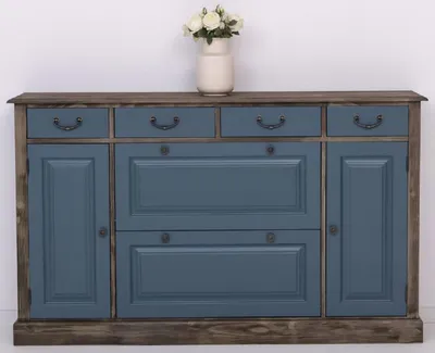 Produktbild von Casa Padrino Landhausstil Kommode Blau / Schwarz 176 x 35 x H. 105 cm - Massivholz Schrank mit 6 Schubladen und 2 Türen - Landhausstil Möbel - Möbel im Landhausstil - Landhausstil Einrichtung