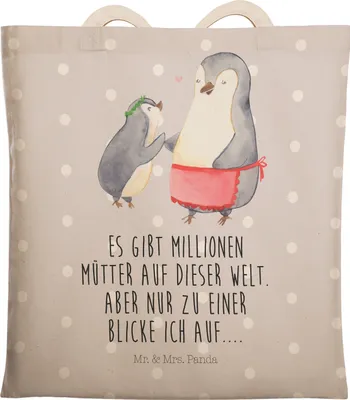Produktbild von Mr. & Mrs. Panda Tote Bag Pinguin mit Kind - Grau Pastell - Geschenk, Muttertag, Beuteltasche, Vorbild Mama, shopping, Mutter, Tragetasche, Tasche, Familie, Stoffbeutel