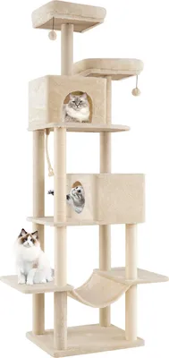 A multi-level cat tree with several platforms, cubbies, a hammock, and scratching posts, featuring three cats.