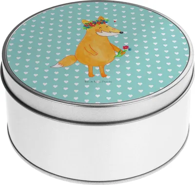 Produktbild von Mr. & Mrs. Panda Metallbox Fuchs Blumen - Türkis Pastell - Geschenk, Teedose, Liebe, keksdosen, Dose, Ich, Keksdose, Boho, Blechbüchse, Vorratsdosen, Blume, Blumenliebe