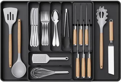 Produktbild von Famanu Bestecklade erweiterbar mit Messerblock, verstellbare Küchenorganizer mit herausnehmbaren Fächern, schwarz