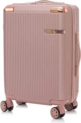 A rose gold suitcase is shown against a white background.